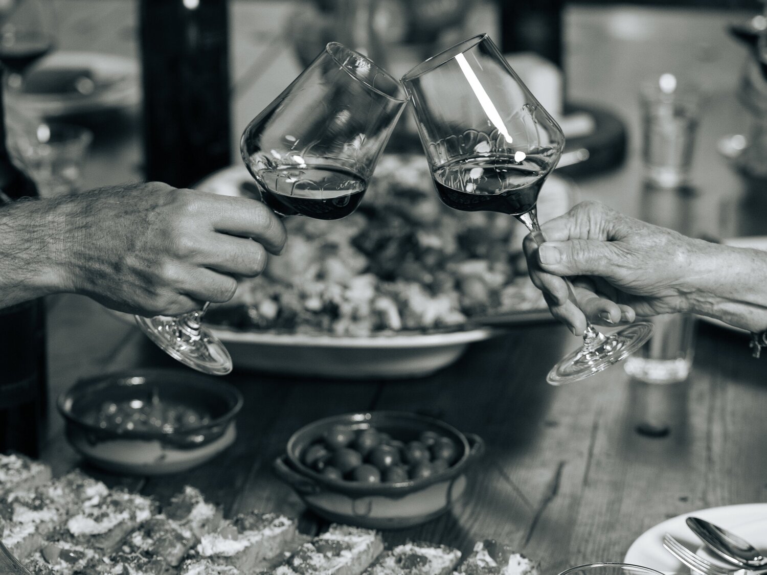 Hands holding wine glasses toasting